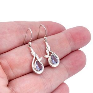 Vintage Sterling Silver 925 Glass Teardrop Floral Design Dangle Earrings